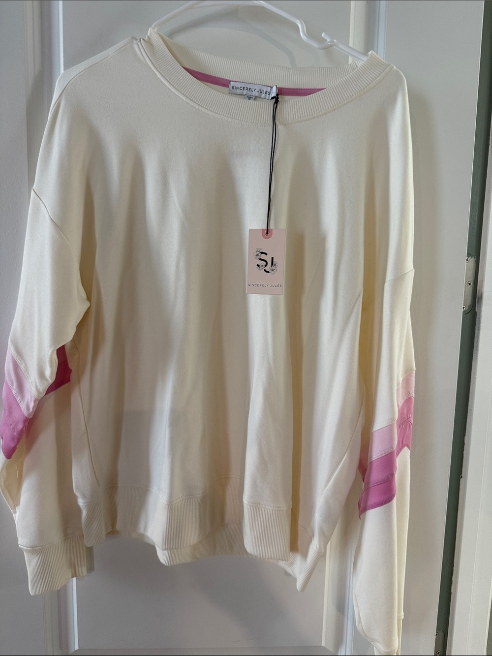 Sincerly Jules Cream Pullover with Pink Sleeve Stripes